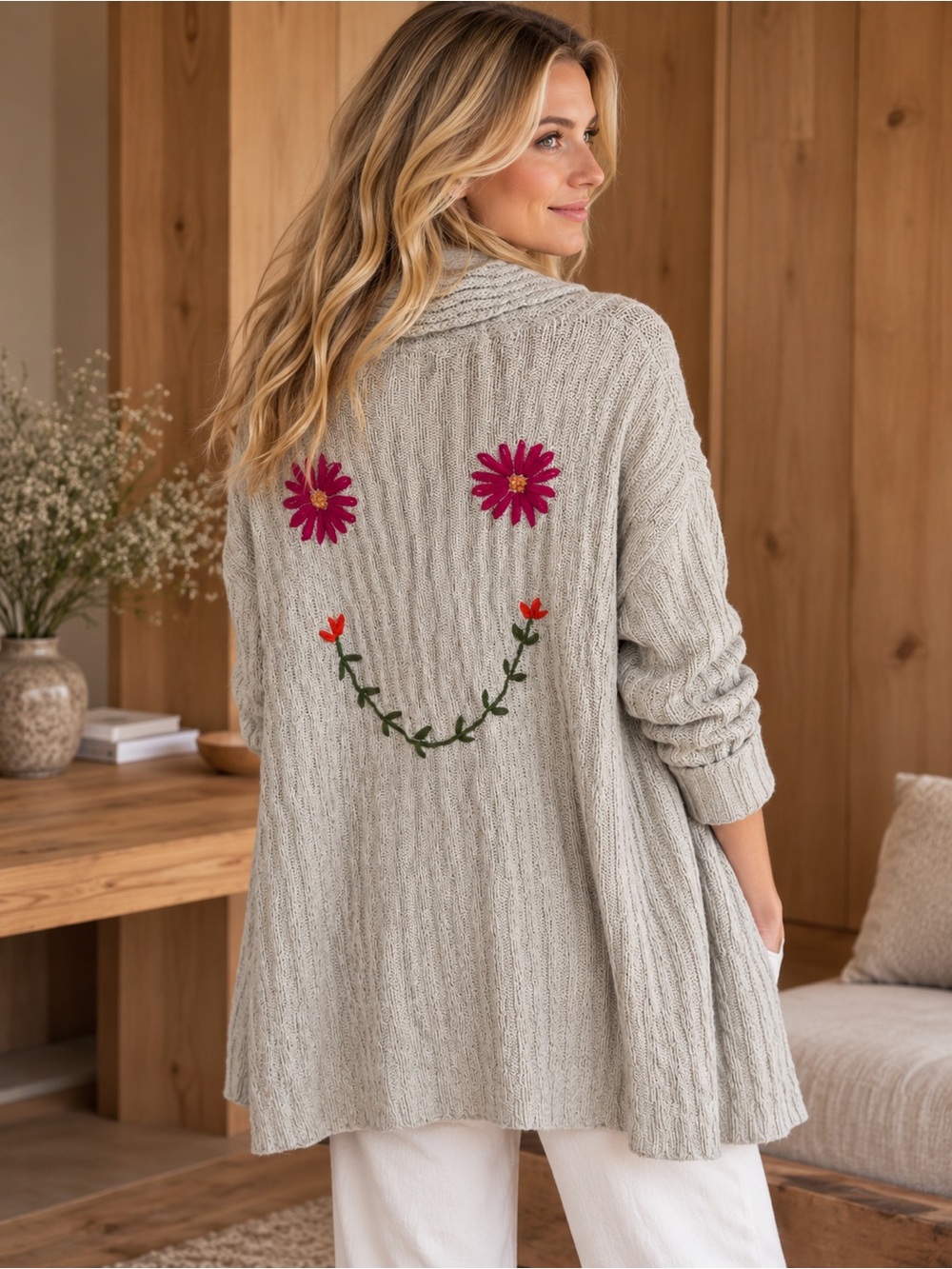 NATURAL LIFE Light Gray Open-Front Cardigan with Floral Smileback
